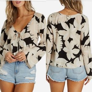 Billabong Tied And True Beige‎ Black Floral Print Bell Sleeve Baby Doll Top